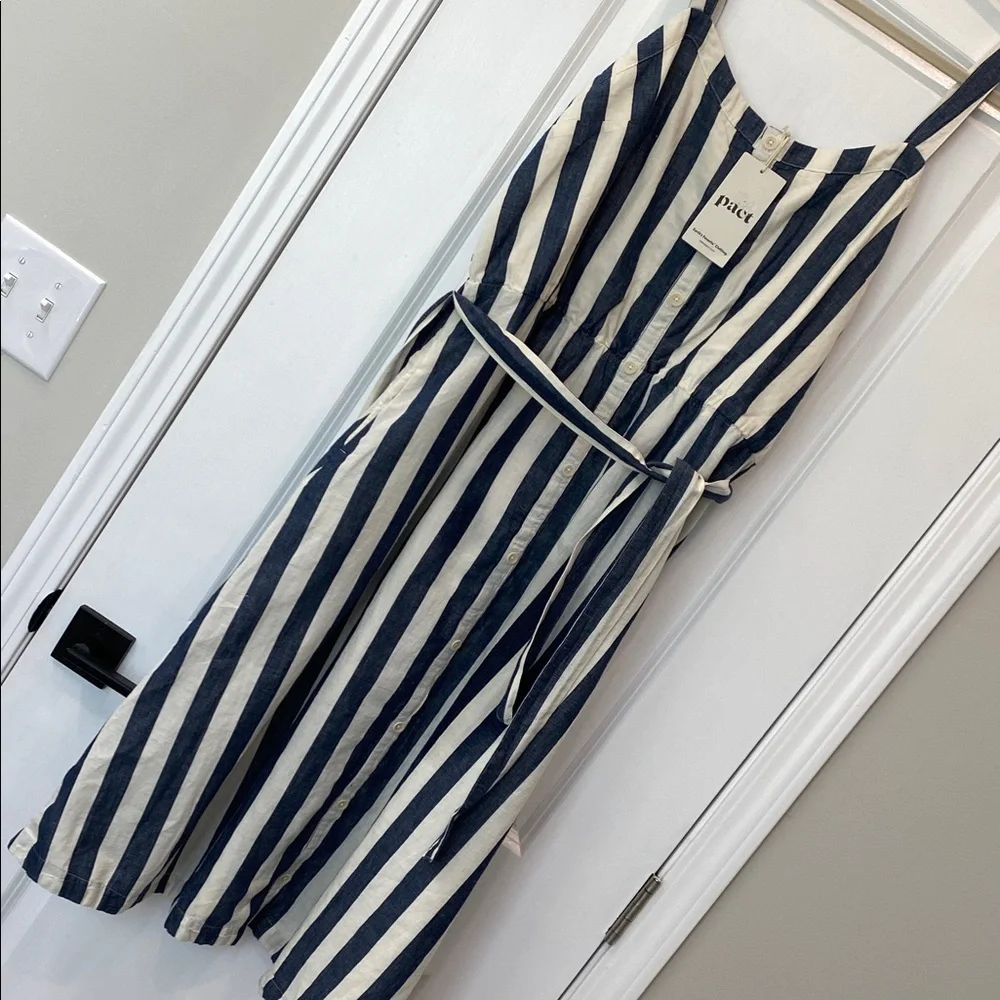 Pact cotton Navy and White Stripe Button-Front Dress - Picture 1 of 10